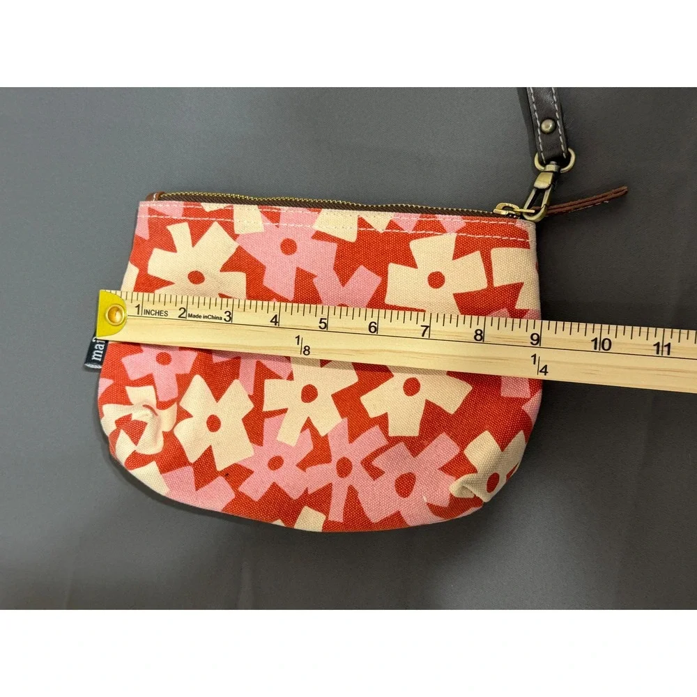 Maika Canvas Wristlet Pouch Red Pink Floral Geometric Zipper Clutch Bag